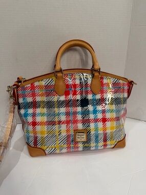 NWOT Dooney & Bourke Red, Yellow, Blue & Black Plaid Satchel with Tan Trim